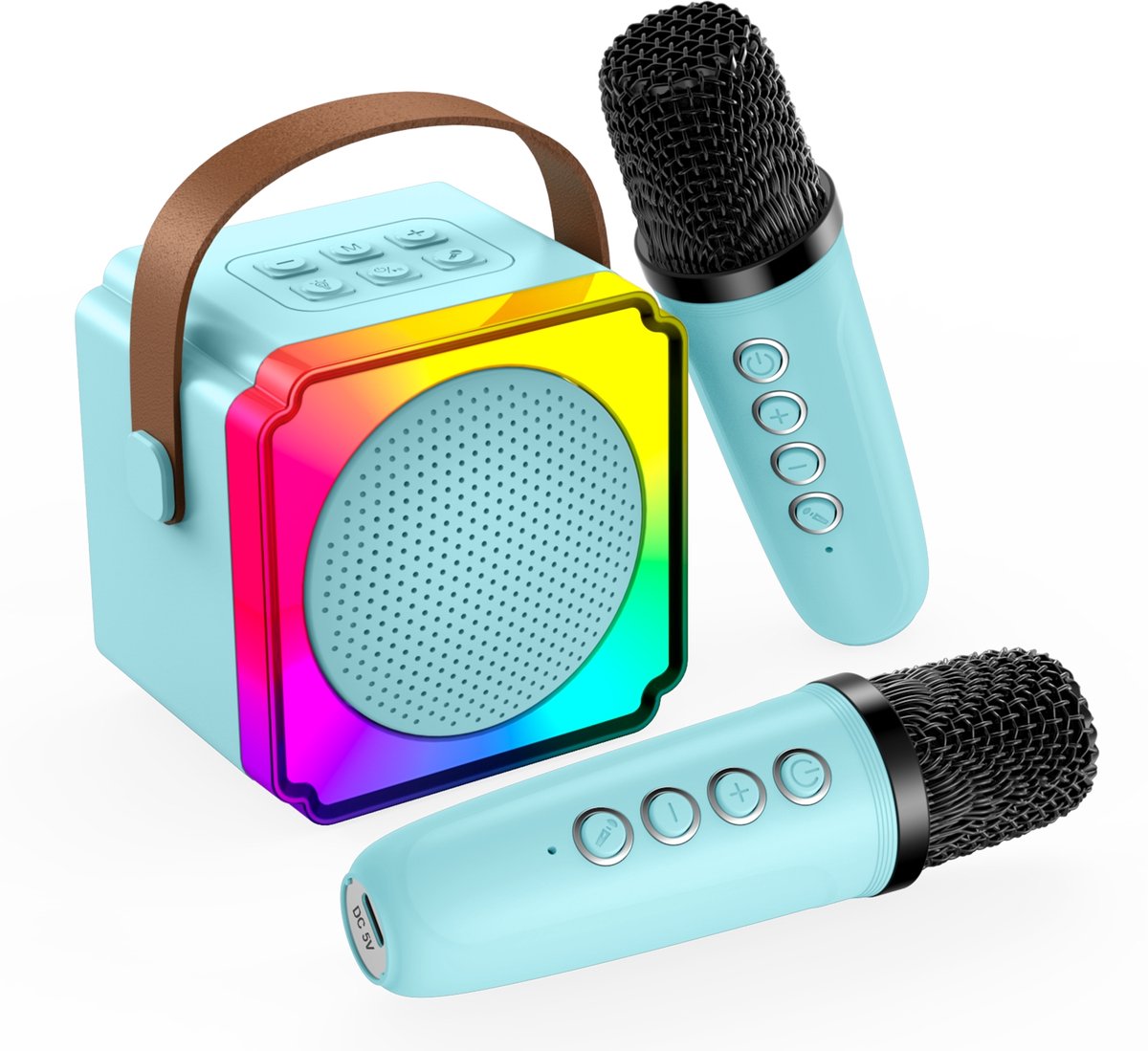   Karaokemachine voor Kinderen – Mini Draagbare Bluetooth Luidspreker, 2 Draadloze Microfoon, LED-verlichting, Geluidseffecten – Feest, Cadeau voor Meisje, Jonge, Kinderen 3+ jaar - Blauw