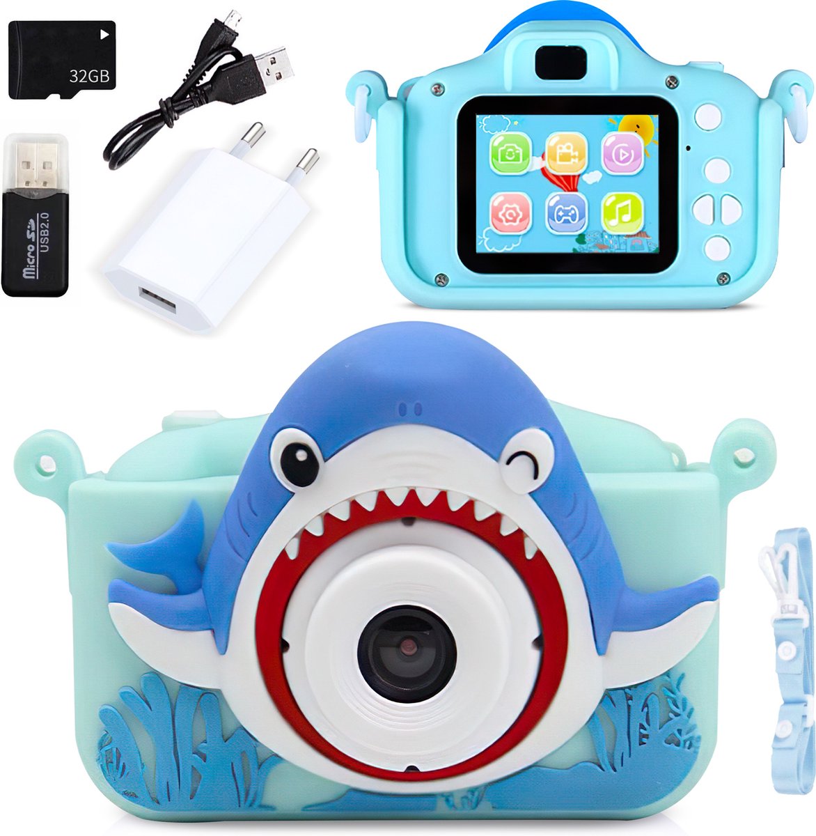   - Digitale Kindercamera – Creatief Speelgoed - Speelgoed - Jongens speelgoed - Speelgoedcamera - Vis - Kindercamera blauw- Blauw - Fototoestel voor Kinderen - 32GB SD-kaart en Accessoires – 48MP - Kado - Cadeau