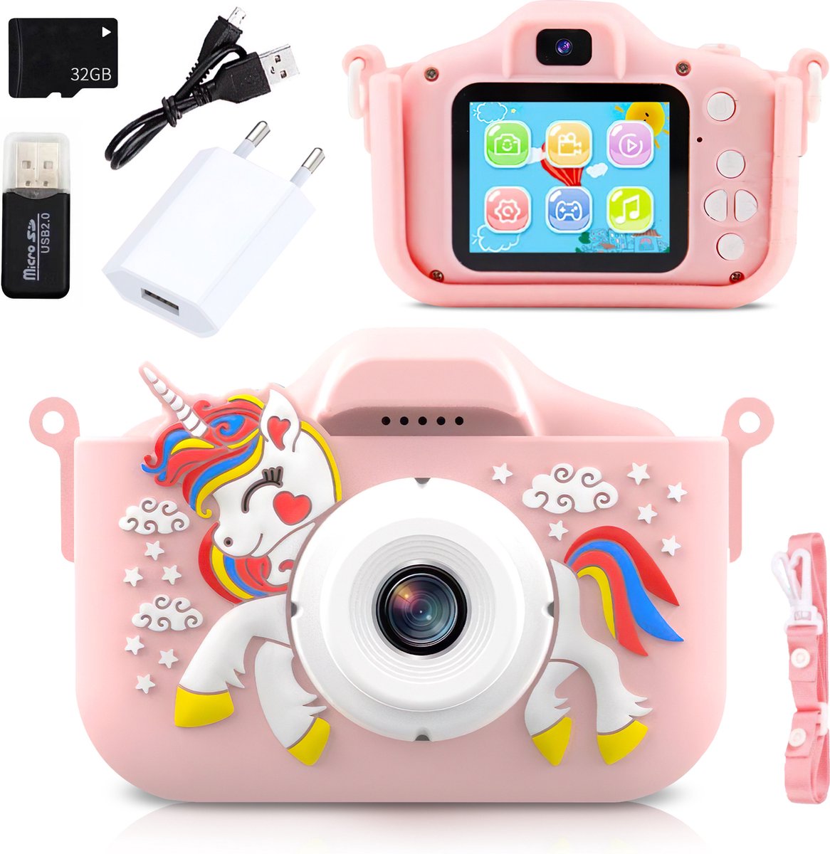   - Digitale Kindercamera – Creatief Speelgoed - Speelgoed - Unicorn Speelgoed - Speelgoedcamera - Unicorn - Roze - Roze Unicorn - Fototoestel voor Kinderen - 32GB SD-kaart en Accessoires – 48MP - Kado - Cadeau