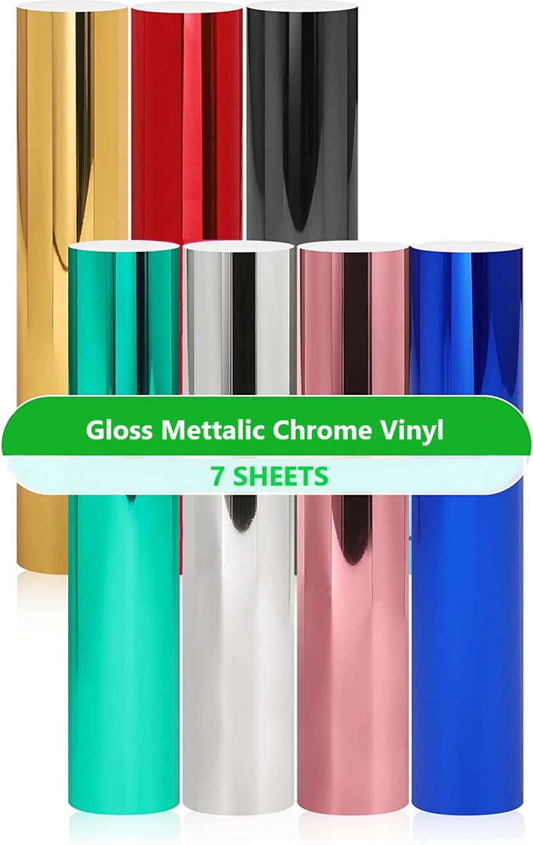 MONDUO Vinyl GLOSSY CHROME Serie Pakket 7-Delig Incl. Transferfolie - Geschikt voor Cricut Joy - Maker - Maker 3 - Explore - Explore Air 2 - Brother Printers - Silhouette Cameo - DIY - Plotter - 30x30CM