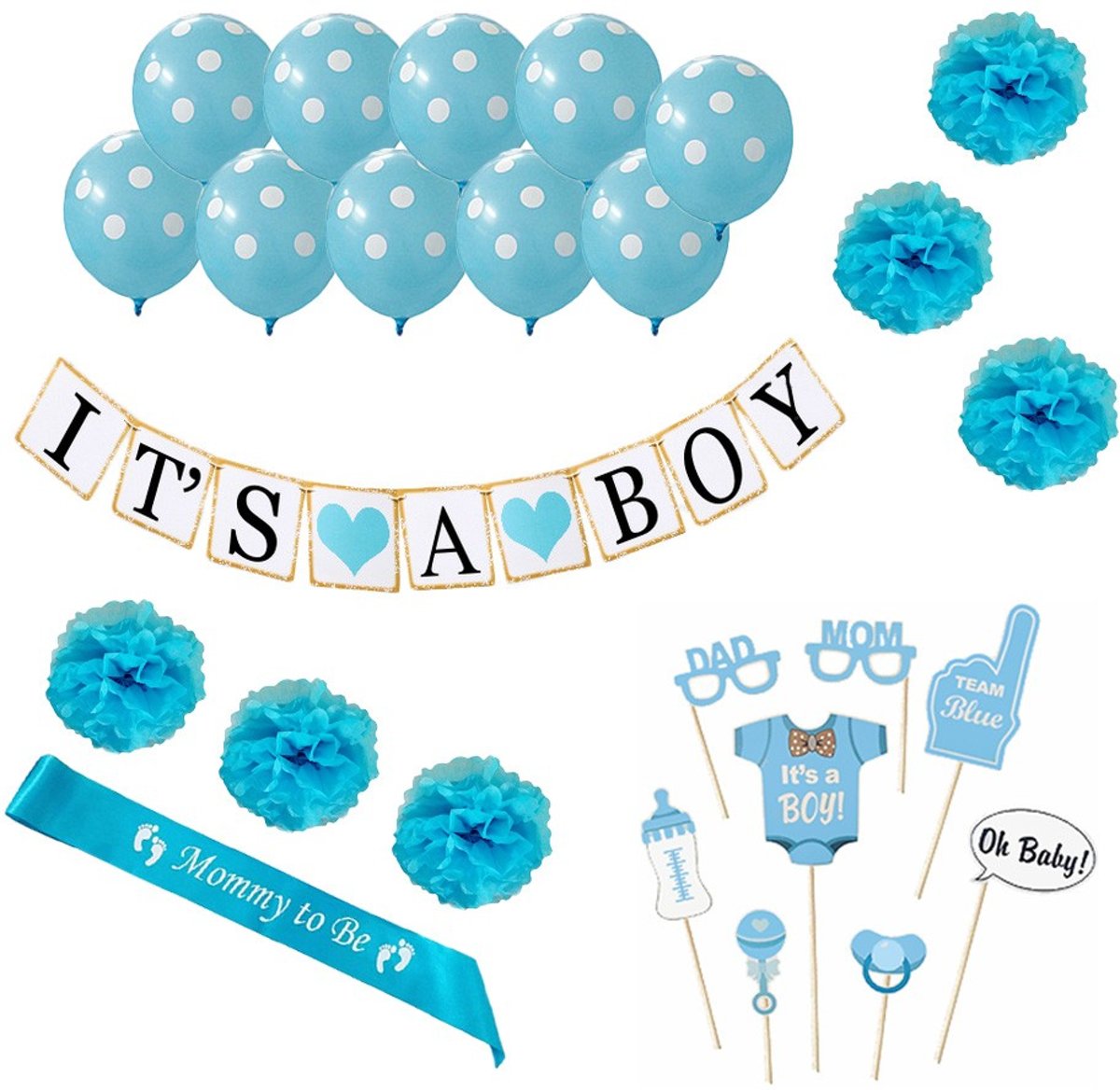 Babyshower versiering - baby shower boy - decoratie feest pakket voor geboorte jongen - blauw