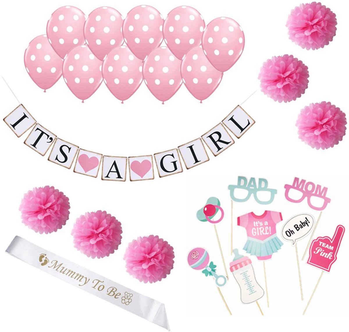 Babyshower versiering - baby shower girl - decoratie feest pakket voor geboorte meisje - roze