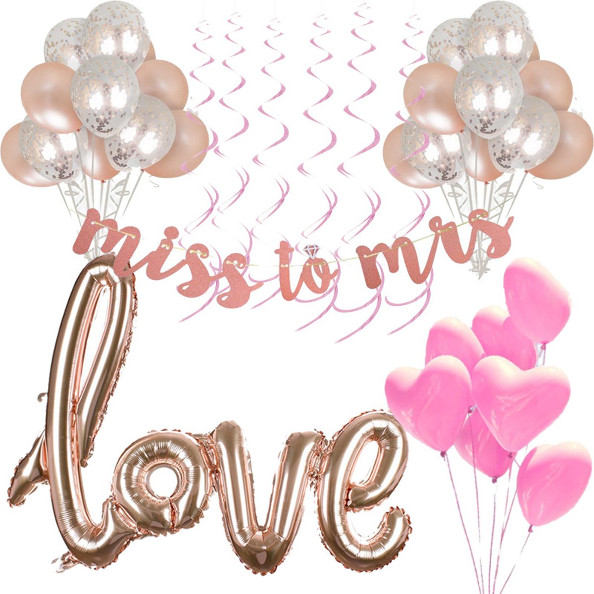 Bride to be feestversiering - roze goud versiering - Bruiloft decoratie  - trouwen feestpakket - confetti ballonnen - vrijgezellenfeest - hartjes ballon - bachelor party - Rose gold