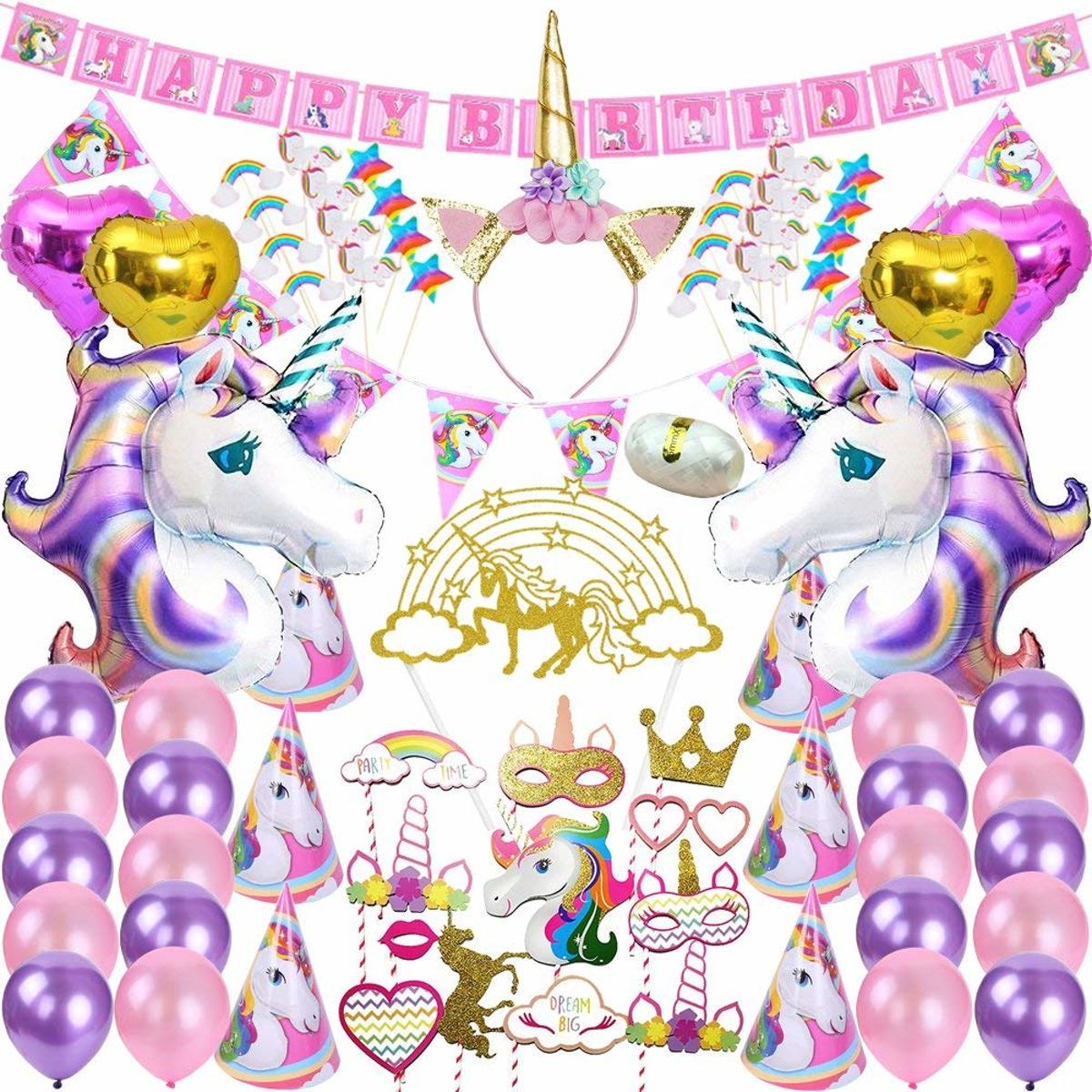 Eenhoorn feestversiering met fotoprops en folie ballonnen (82 st.) - verjaardag versiering - unicorn thema feestje decoratie - themafeestjes - eenhoornfeestje - kinderfeestje thuis - feest - party - Meisje