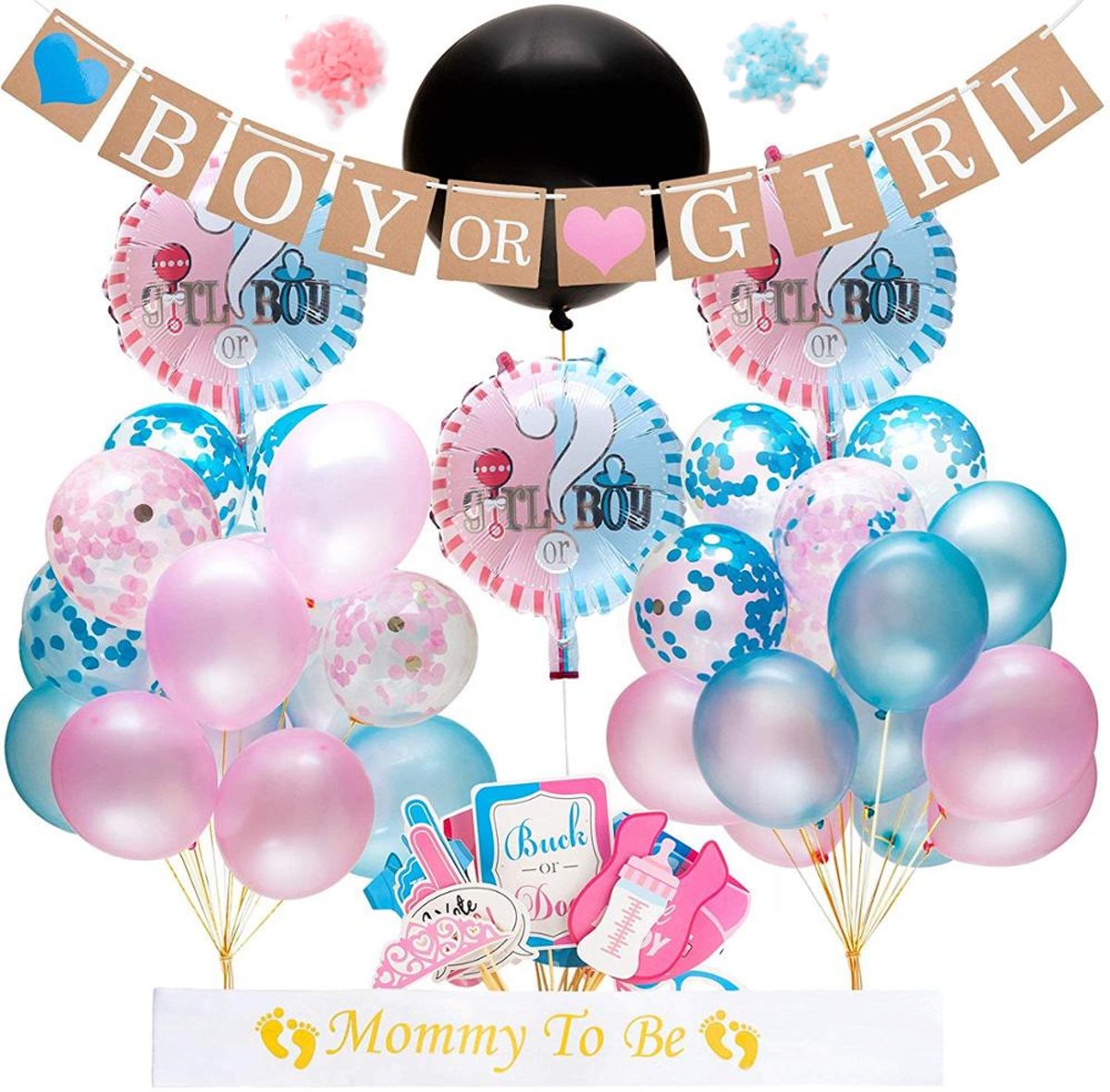 Gender reveal party decoratie (64 st.) incl. fotoprops, confetti ballonnen en zwarte ballon - versiering feestpakket - jongen of meisje