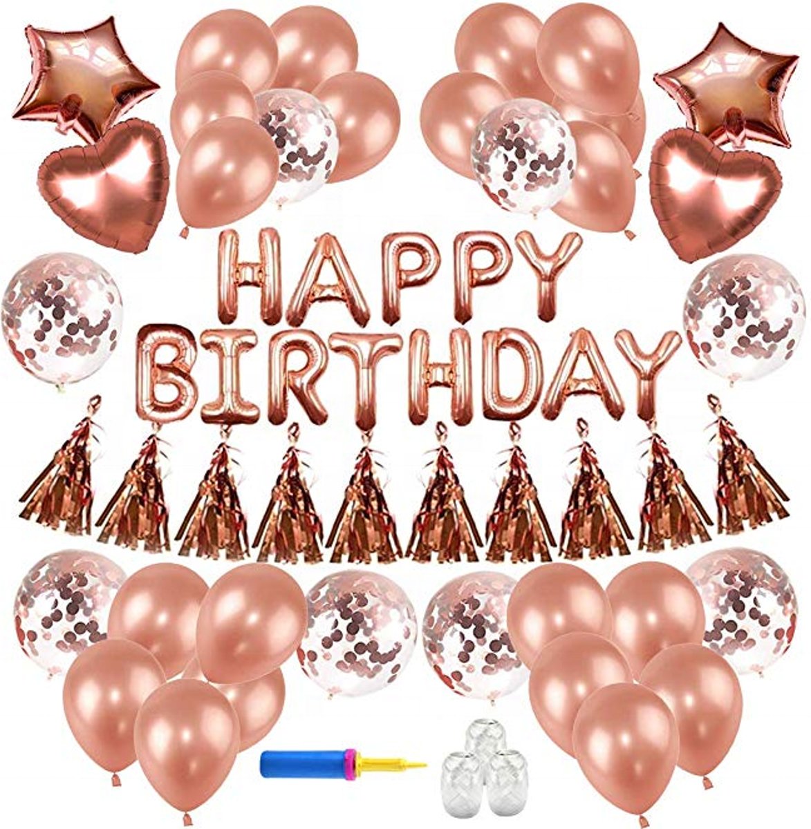 Verjaardag versiering (48 st.) - folie ballonnen - sweet 16 -roze decoratie - confetti ballonnen - tassel slinger - happy birthday sixteen - verjaardagsfeest - feestversiering - feest - Rose gold