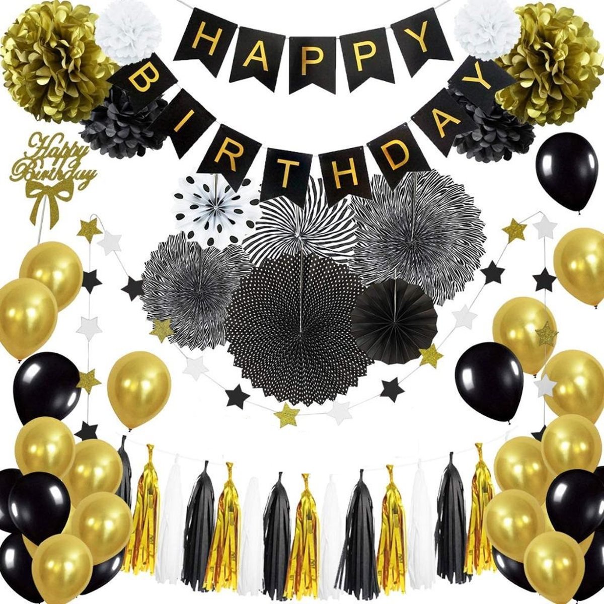 Verjaardag versiering - zwart en goud decoratie feest set - black and gold happy birthday - party decoraties - gouden ballonnen - (16, 18, 21, 30, 40, 50 en 60 jaar) - man en vrouw - sarah en abraham