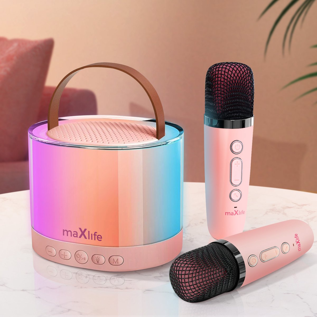  , 5W draagbare Bluetooth karaokespeaker met 2 heldere draadloze microfoons, Roze