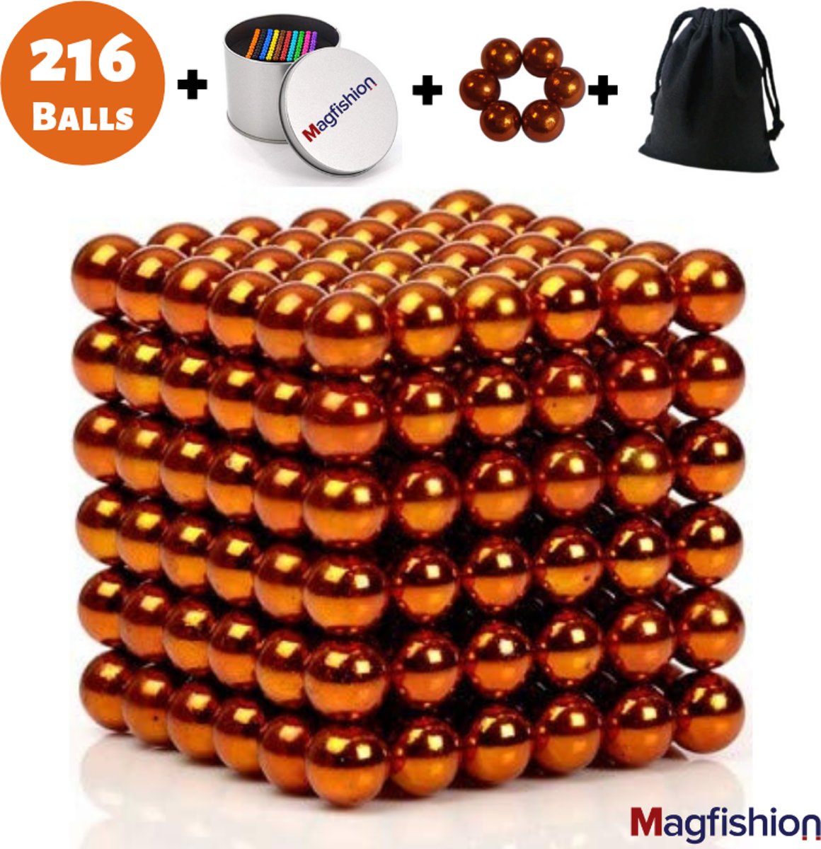 Premium Magneetballetjes Oranje – 216 Magnetische Balletjes - 3D Puzzel - Neocube Magneet Ballen – Neodymium Magneetballen 5mm – Magnetisch Speelgoed – Magfishion Magneetballetjes