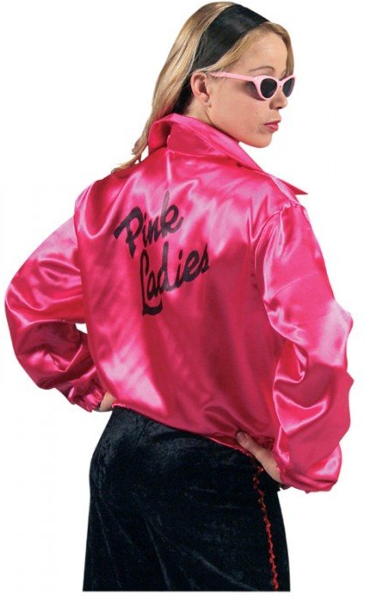 Luxe pink lady jasje - Fuchsia roze satijn grease jas - maat S