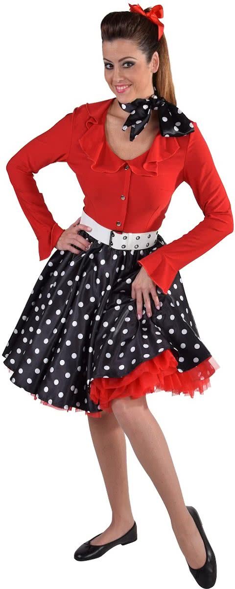 Rockn roll rok zwart met witte stippen/polkadots maat S/M (36 tot 40)