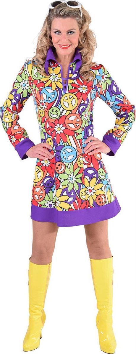 60s jurk peace mix van kleuren met lange mouw