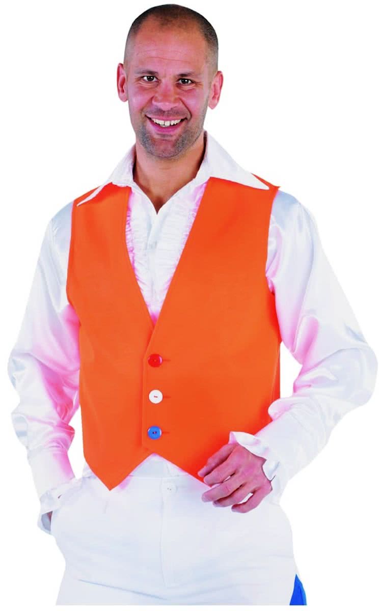 Gilet Holland met fel oranje kleur en knopen in rood, wit en blauw. Verkleedkleding heren maat L/XL