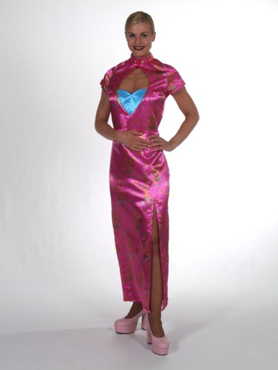 Lange roze chinese jurk van satijn Miss Saigon - maat S (36) - Verkleedkleding Chinees