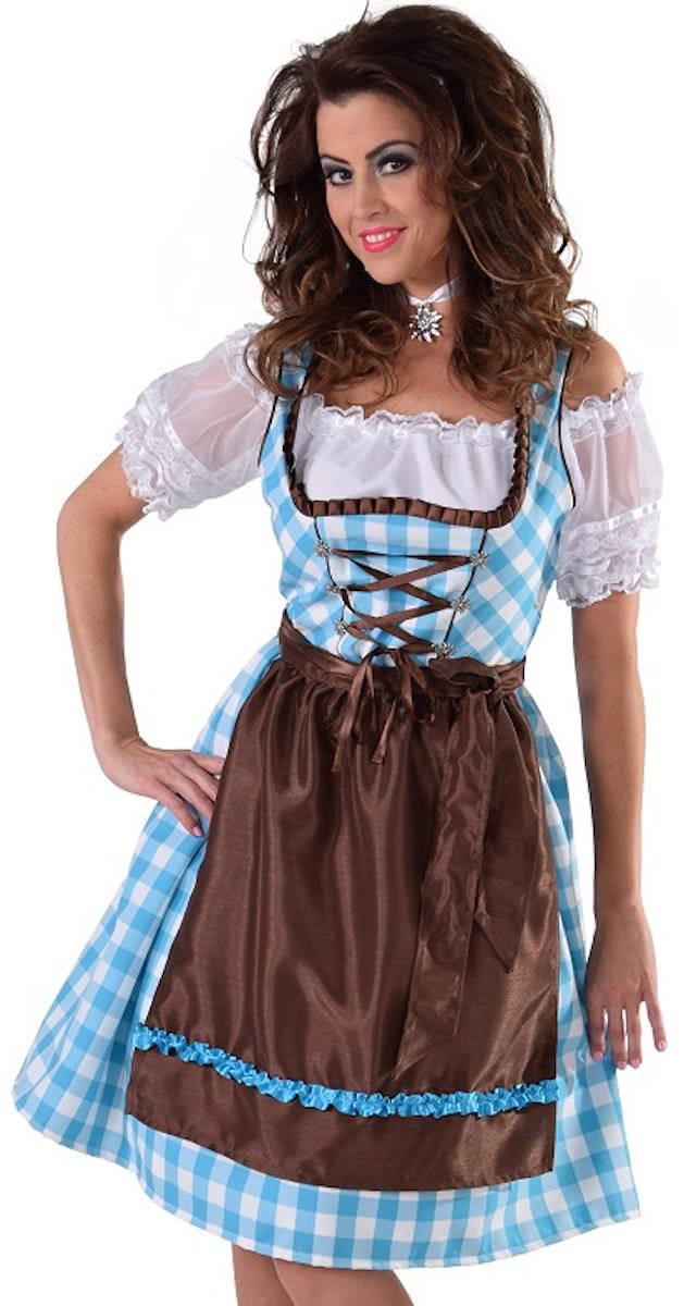 Luxe dirndl blauw wit geblokt met bruin schort - Oktoberfest jurk dames maat 46/48 (XL)