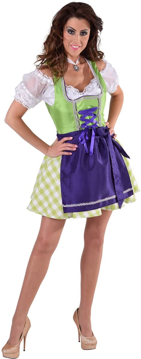 Luxe limoen groene korte dirndl met schort en edelweiss sluiting - Oktoberfest kleding maat 38/40 (M)