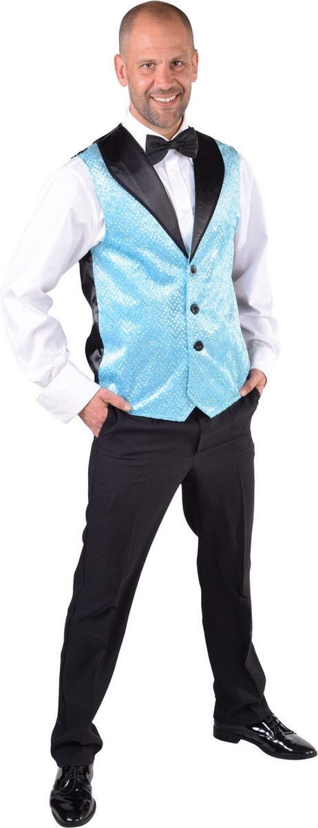 Magic By Freddys - Feesten & Gelegenheden Kostuum - Lichtblauw Show Vest Pailletten Man - blauw - Extra Small / Small - Carnavalskleding - Verkleedkleding
