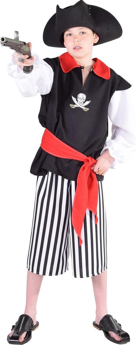 Magic Piraat 3-delig: blouse zwart, broek gestreept half lang en rode sjerp maat 140