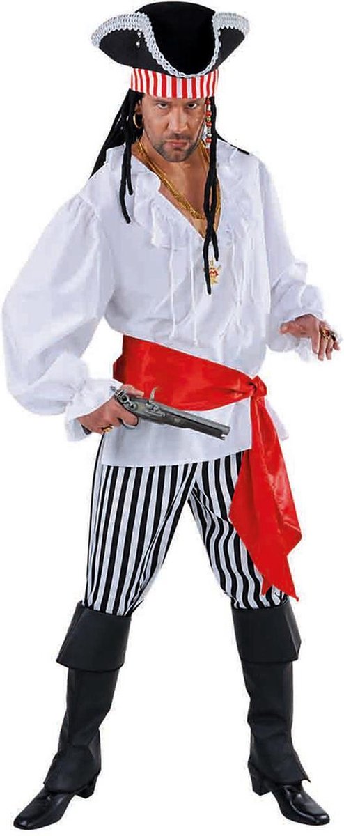 Piraat heren 3 delig: blouse, broek strepen zwart-wit en rode sjerp.