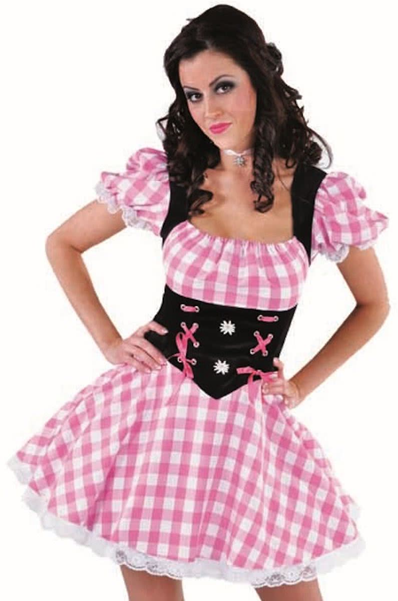 Roze dirndl met geblokte rok en Edelweiss applicatie - Oktoberfest kostuum dames maat 50/52 (XXL)