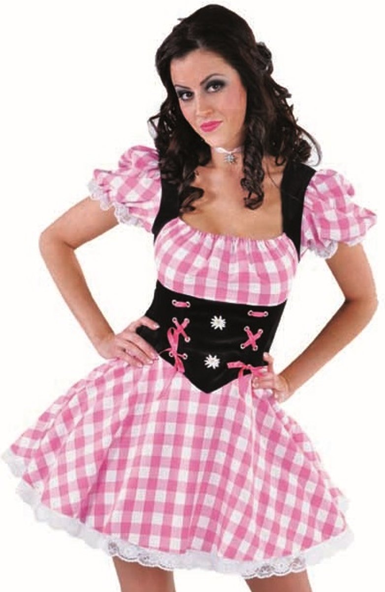 Roze witte dirndl met Edelweiss - Oktoberfest kleding dames maat XS (32-34)