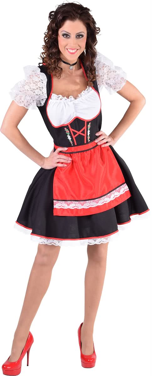 Zwarte dirndl jurk met rood schort en edelweiss - Oktoberfest kleding dames maat 38/40 (M)