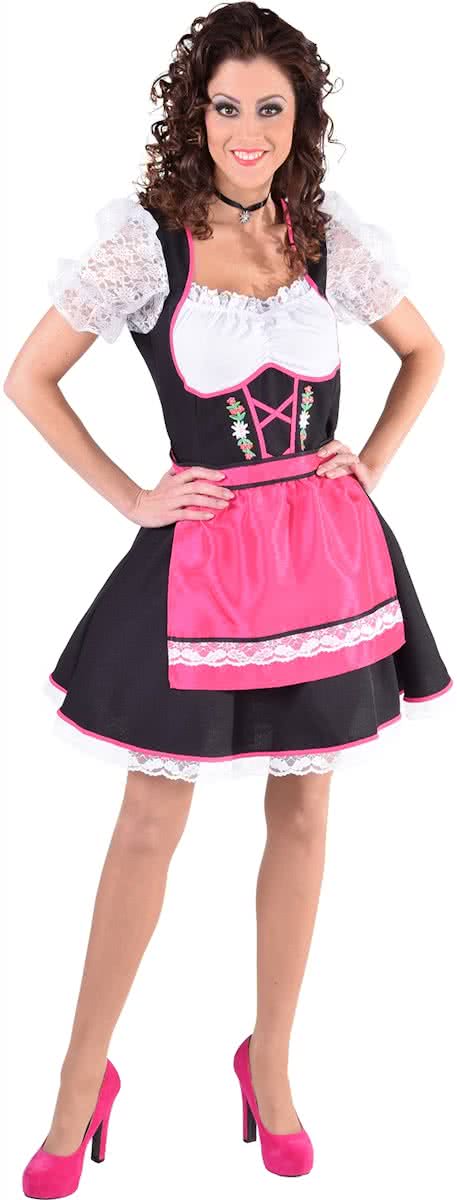 Zwarte dirndl jurk met roze schort en edelweiss - Oktoberfest kleding dames maat 50/52 (XXL)