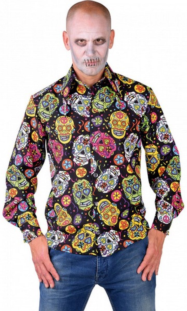 verkleedblouse mexican skulls polyester zwart maat M