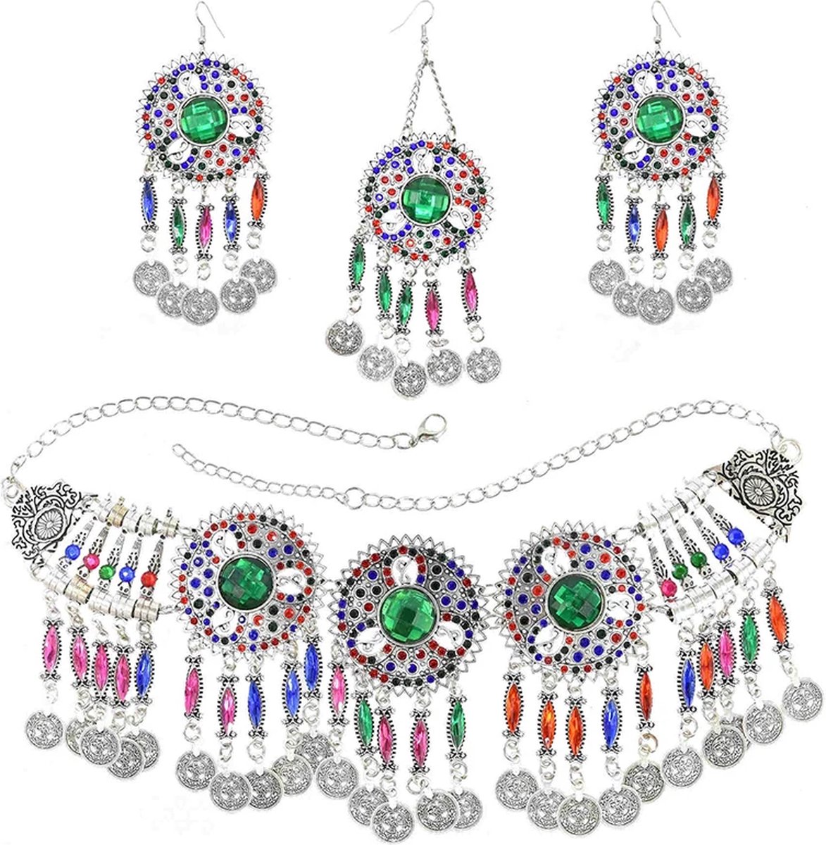 Afghaanse kleurrijke kristal coins ketting Zilver/Groen
