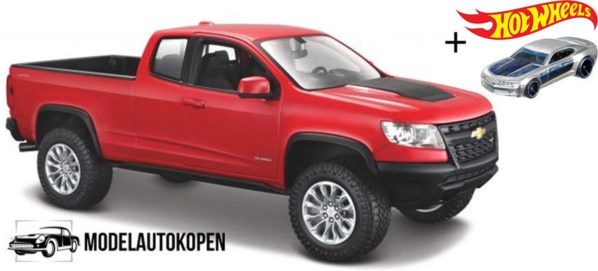 Chevrolet Colorado ZR2 (Rood) (22 cm) 1/24 Maisto + Hot Wheels Miniatuurauto + 3 Unieke Auto Stickers! - Model auto - Schaalmodel - Modelauto - Miniatuur autos - Speelgoed voor kinderen