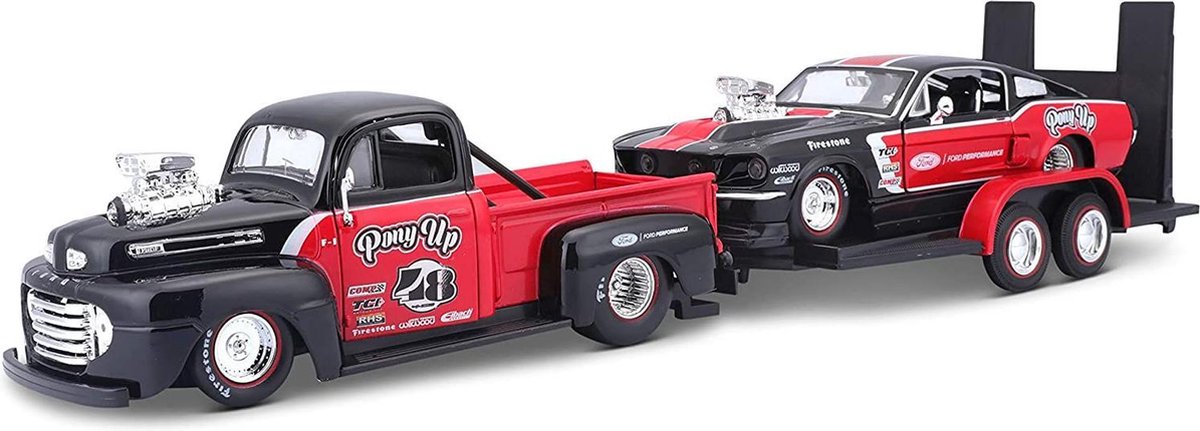 Ford Pickup 1948 (Zwart/Rood) + aanhanger met Ford Mustang 1967 (Zwart/Rood) (45cm) 1/24 Maisto - Modelauto - Schaalmodel - Model auto - Miniatuurautos - Miniatuur auto