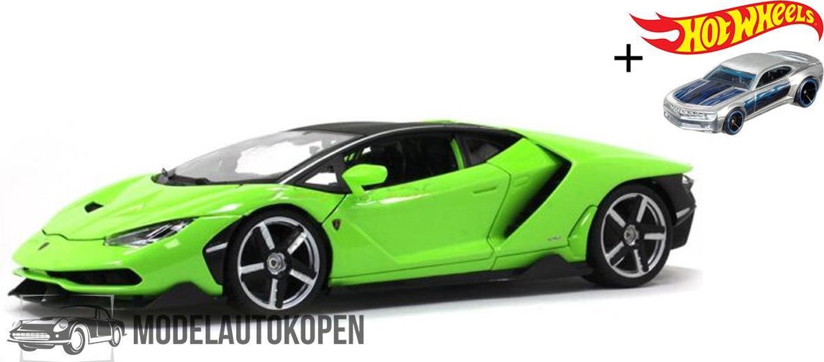 Lamborghini Centenario (Groen) (32 cm) 1/18 Maisto + Hot Wheels Miniatuurauto + 3 Unieke Auto Stickers! - Model auto - Schaalmodel - Modelauto - Miniatuur autos - Speelgoed voor kinderen