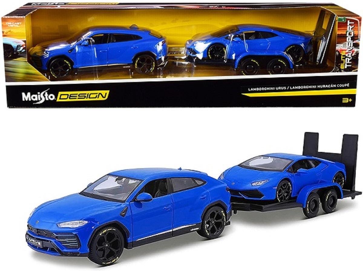 Lamborghini Urus + Lamborghini Huracan Coupe ( 2 Car Set Plus Trailer ) Blauw 1-24 Maisto