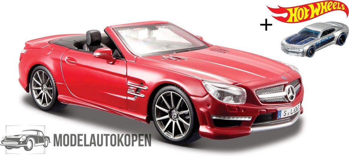 Mercedes-Benz SL 63 AMG (Rood) (22 cm) 1/24 Maisto + Hot Wheels Miniatuurauto + 3 Unieke Auto Stickers! - Model auto - Schaalmodel - Modelauto - Miniatuur autos - Speelgoed voor kinderen