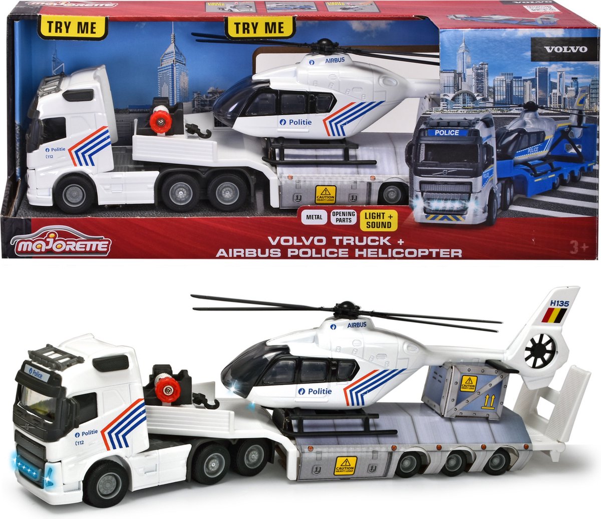 Majorette Grand Series - Volvo Truck + Politie Helikoper - Belgische uitvoering - Metaal - Licht en Geluid - 35 cm - Speelgoedvoertuig