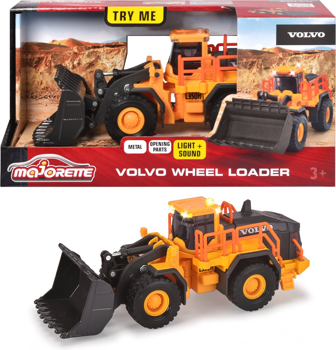 Majorette Grand Series - Volvo Wiellader - Constructie - Metaal - Licht en Geluid - 21 cm - Speelgoedvoertuig