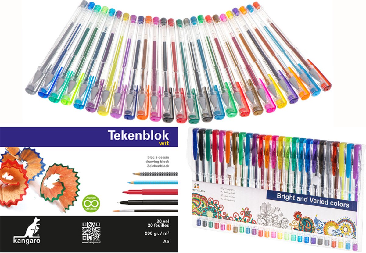 25 Stuks Gekleurde Glitter Gelpennen Kleuren met Glitter Metalic Fluoriserend in Doorzichtige Etui met Tekenblok - Gelpennen Set voor Kleuren Tekenen Schrijven