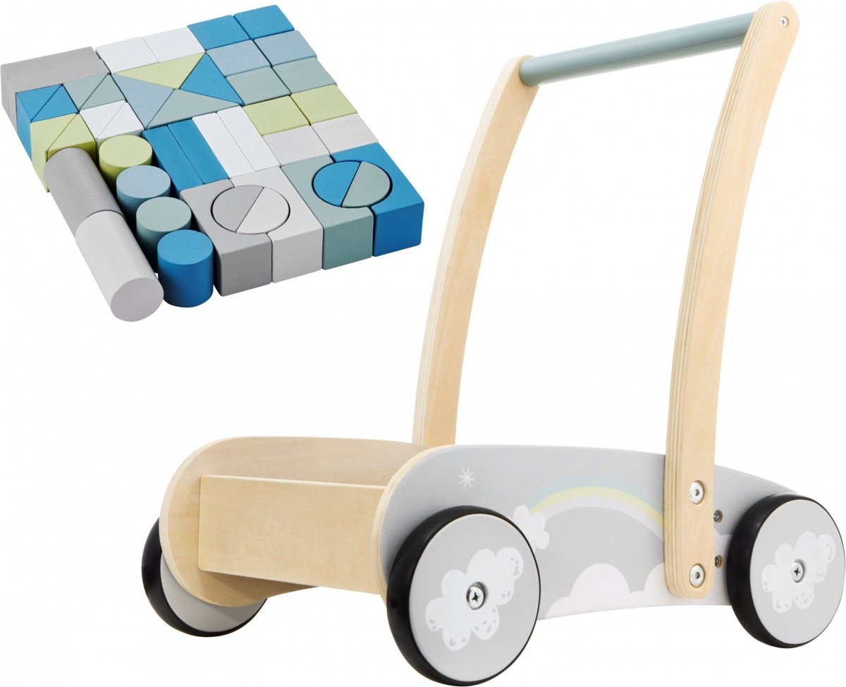 Mamabrum - Loopwagen - Blokkenkar - Loopkar - Hout - Baby - met 44 blokken