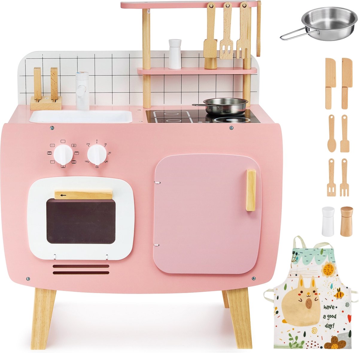 Mamabrum Houten retro keuken met schort en accessoires - roze