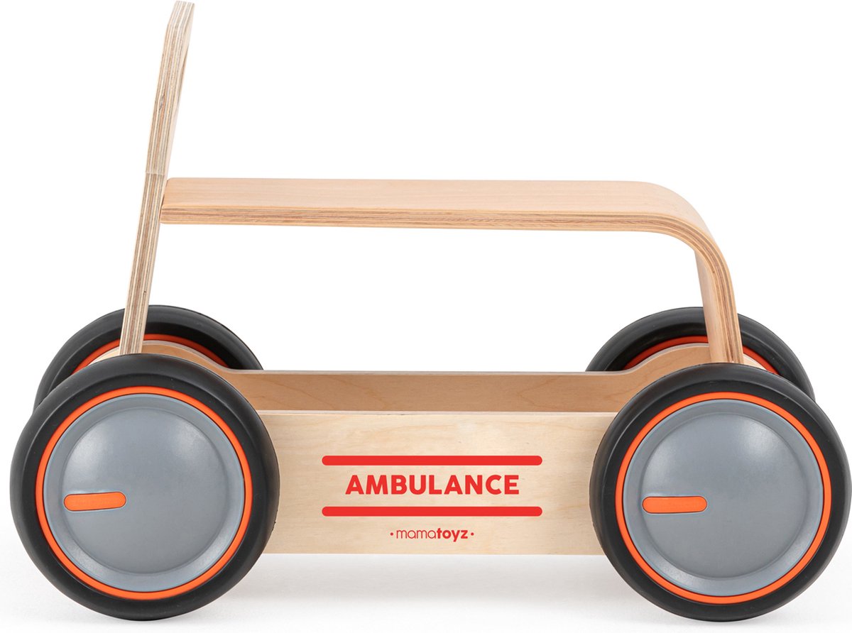 Mamatoyz Eco Looptrainer Loopauto Hout Naturel Logo Ambulance met Opbergruimte