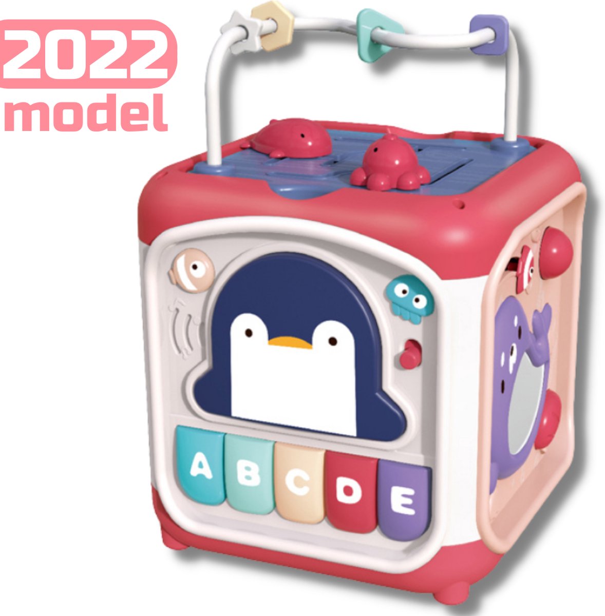 Mamboe 6-in-1 Activiteiten Kubus - Activiteiten Tafel - Activity Center Baby - Rood/Roze - Baby Speelgoed - Educatief Speelgoed - Speelkubus - Blokkendoos - Piano - Kralenspiraal - Spiegel - Rammelaar - 6 Speelvlakken - Inclusief Batterijen