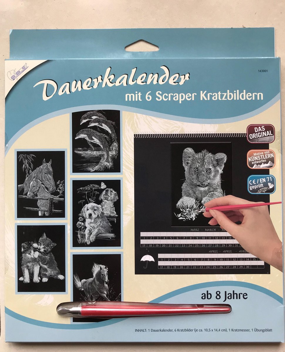 Scratching Kalender met 6 afbeeldingen dieren 1 kras tekenen. DIY