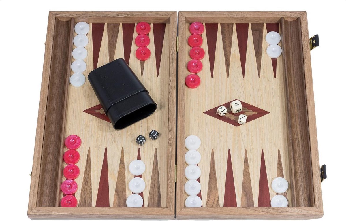 Backgammon Rood accenten - Eik en Walnoot - Prachtig 38x23 - 38x46cm - Zijlade  Top Kwaliteit