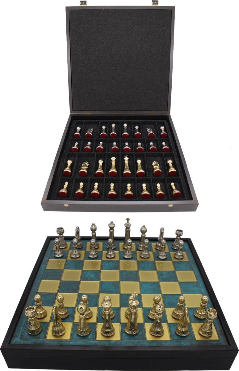 Manopoulos - Handgemaakte schaakbord met opbergsysteem - Metalen Schaakstukken - Luxe uitgave - Schaakspel - Schaakset - Schaken - Chess