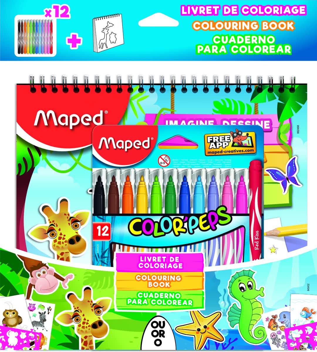 COLORPEPS jungle viltstiften x 12 met activiteitenboek (sjablonen/stickers/kleurplaten)