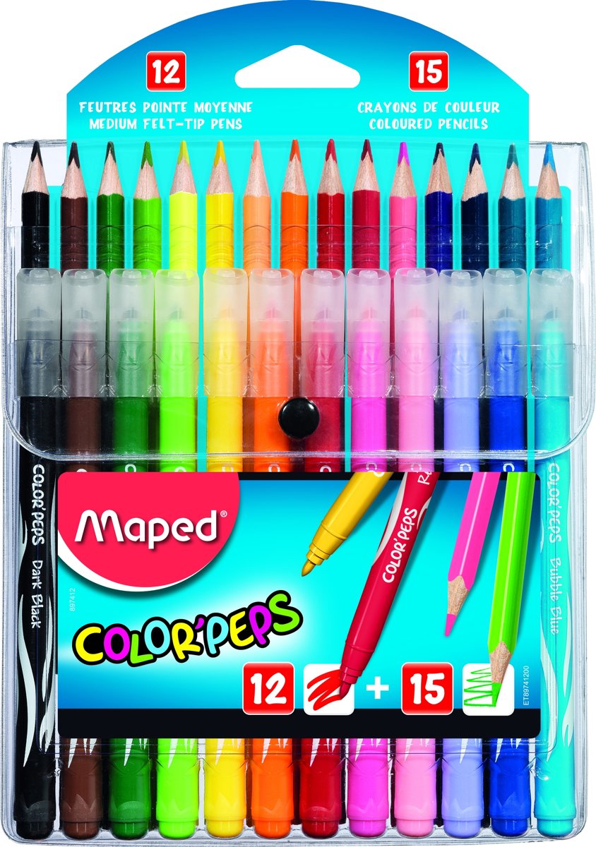 ColorPeps COMBO PACK - 12 viltstiften LONG LIFE + 15 kleurpotloden - in etui