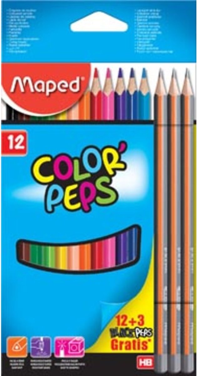 Maped kleurpotloden ColorPeps, kartonnen etui met 12 + 3 BlackPeps potloden gratis