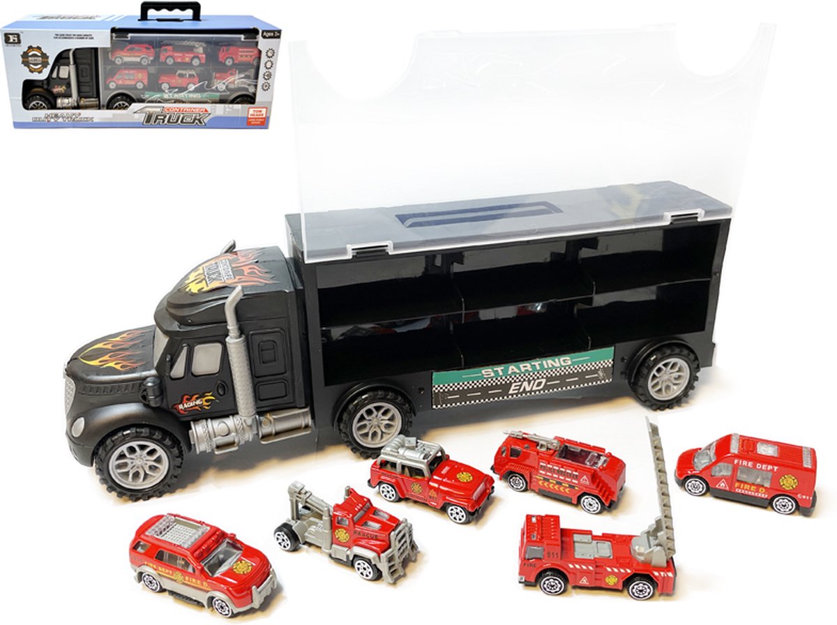 Brandweer vrachtwagen transporter truck - Fireman - Bluswagen - speelgoed mini brandweerautos - 6-delig set koffer - Oplegger voor 12 brandweerwagens - 39cm