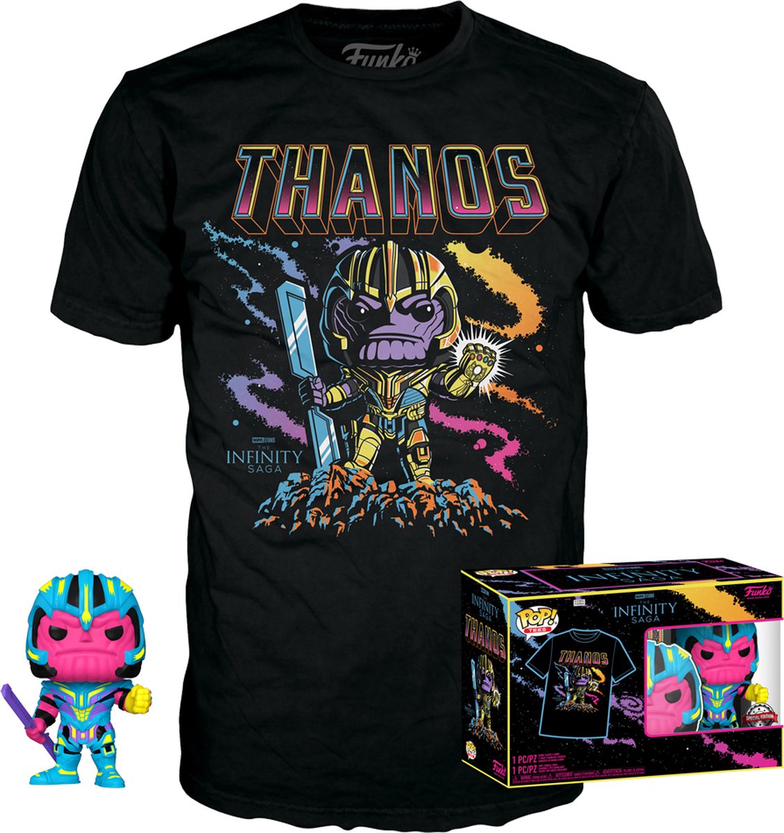 Funko The Avengers Verzamelfiguur & Tshirt Set -L- Marvel POP! & Tee Box Thanos Blacklight Zwart