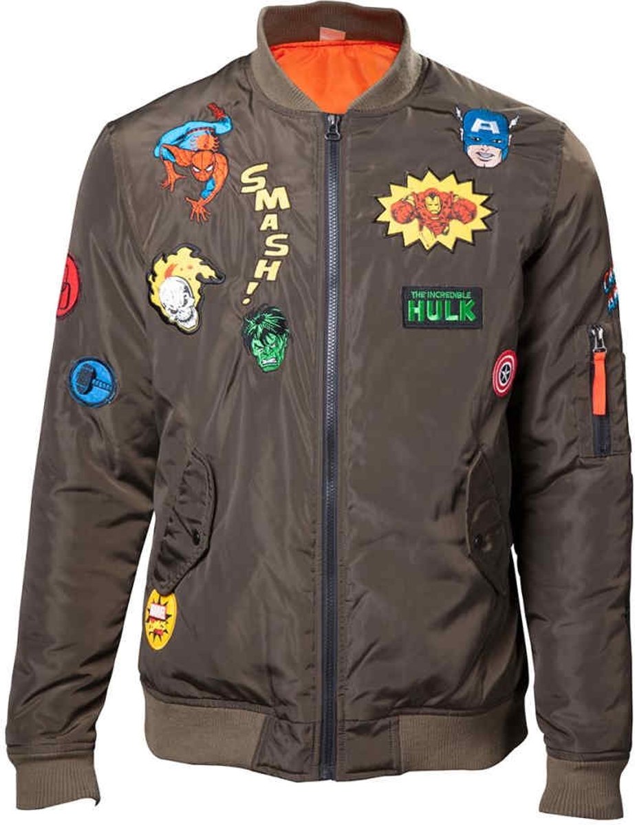 Marvel - Heren bomber jas met superhelden patches groen - S - Comics film merchandise